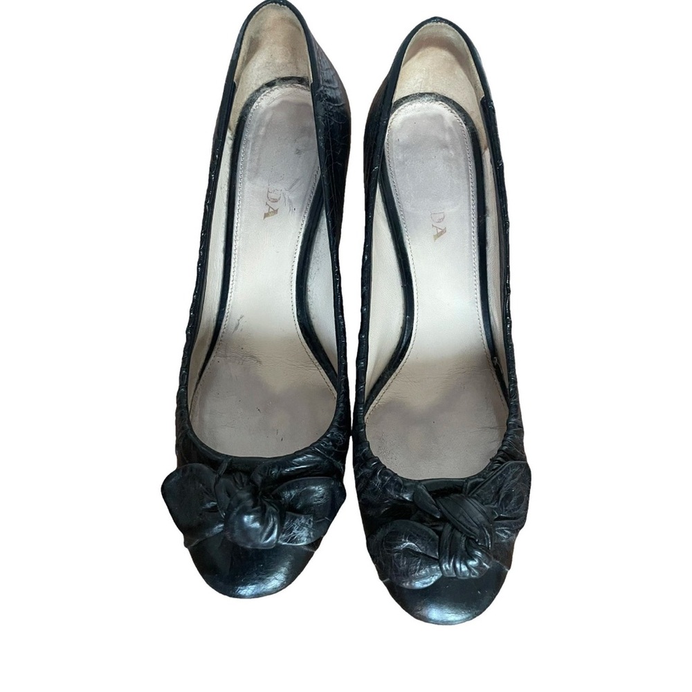 Prada Black Leather Heels with Bow Accent